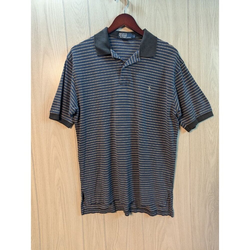 Ralph Lauren Stretch Men's Large Cotton Gray Blue Stripe Short Sleeve Polo Shirt